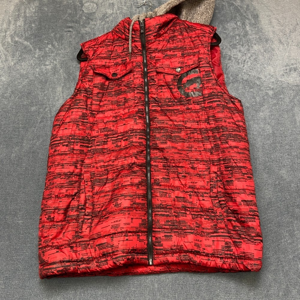 Ecko Unltd. Puffer Vest Mens Large Red Black Hooded Drawstring Quilted Full Zip